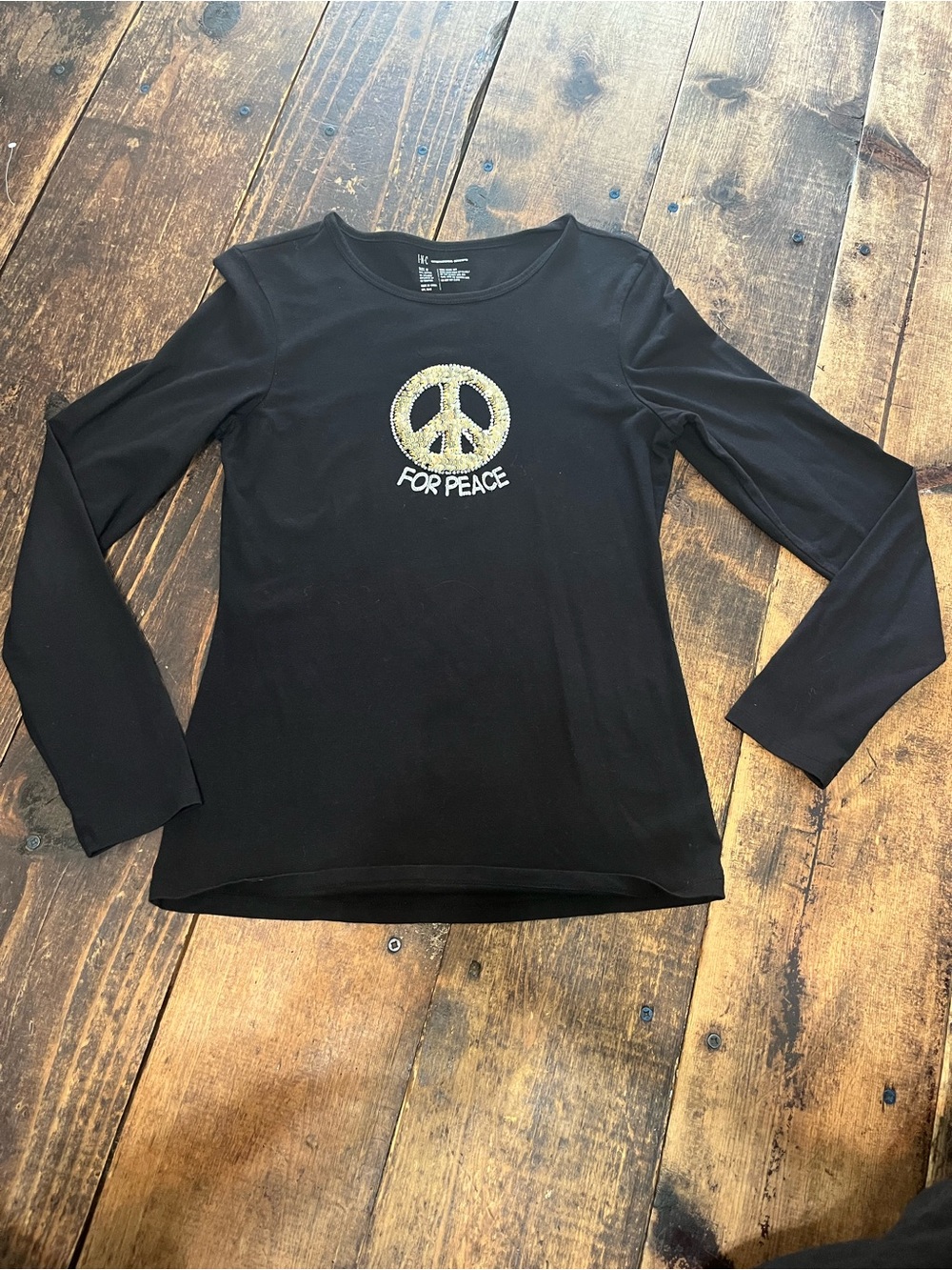 INC International Concepts Black Long-Sleeve Top with Gold Sequin Peace Sign